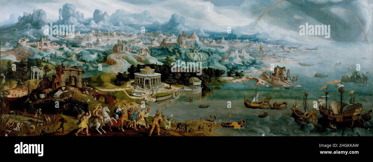 Panorama mit der Entführung von Helen inmitten der Wunder der Alten Welt - 1535 - Öl auf Leinwand 147,3 x 383,5 cm - Van Heemskerck Maarten Stockfoto