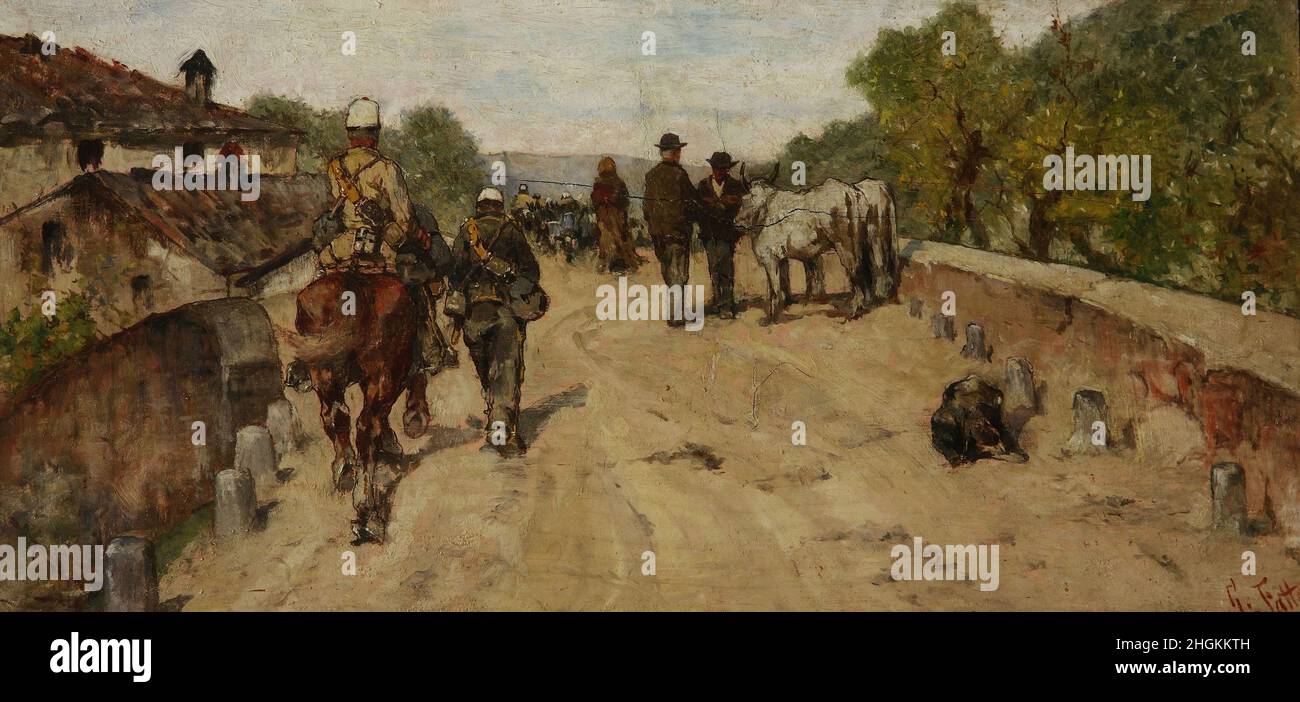 Soldati su strada di campagna - 1890c. - Öl auf Leinwand 20,3 x 41,5 cm - fa02Fattori Giovanni Stockfoto