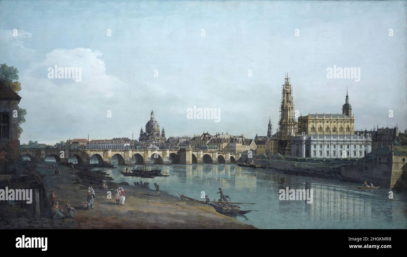 Canaletto - Dresden vom rechten Ufer der Elbe gesehen, unter der Brücke der Auguste Stockfoto