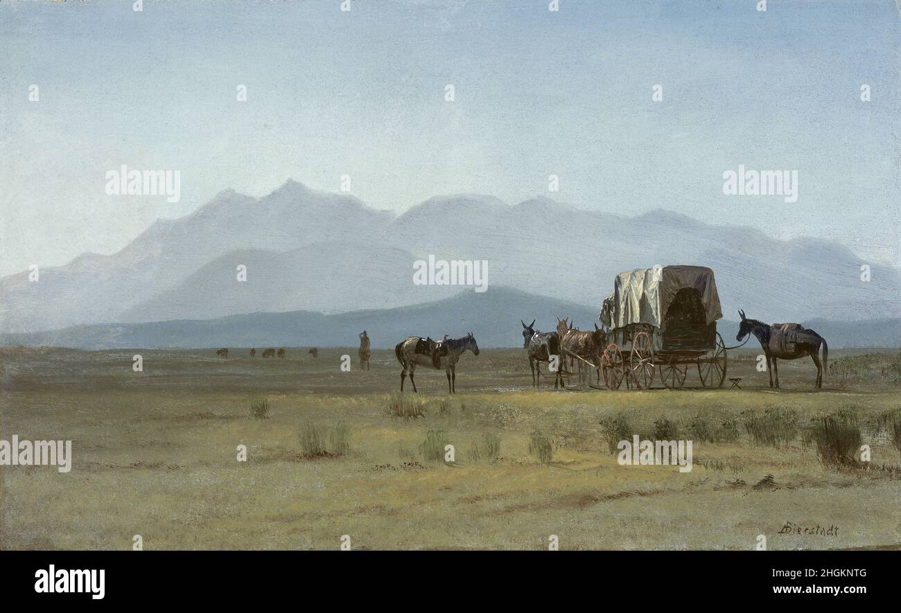 Surveyor’s Wagon in den Rockies - 1859c. - olio su carta montato su Masonite 20,3 x 33,3 cm - Bierstadt Albert Stockfoto