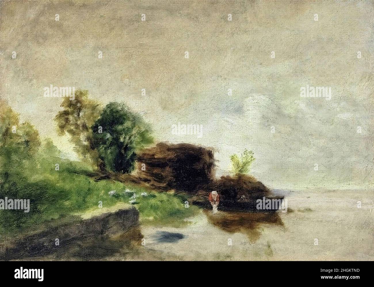 Me lavant du linge dans une Rivière - 1856c. - Öl auf Carton montato auf Leinwand 16,9 x 24 cm - Pissarro Camille Stockfoto