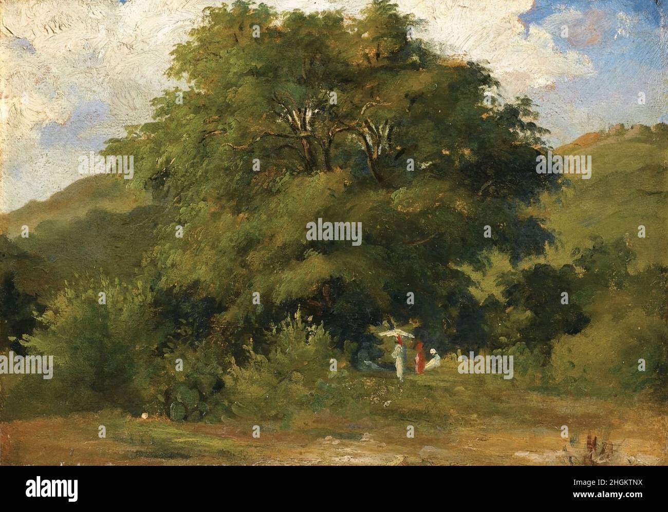 Pissarro Camille - Privatsammlung - Paysage avec femmes sous un Grand arbre - 1854 55c. - Öl auf Carton montato auf tela 23,2 x 32,5 cm Stockfoto