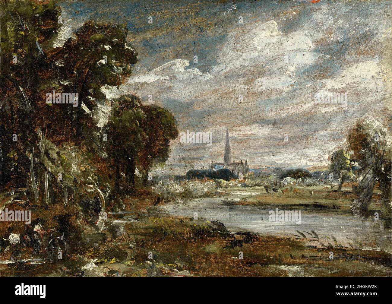 Salisbury Cathedral vom Fluss Nadder - 1829c. - olio su carta montato su cartone laminato 19,8 x 27,8 cm - Stockfoto