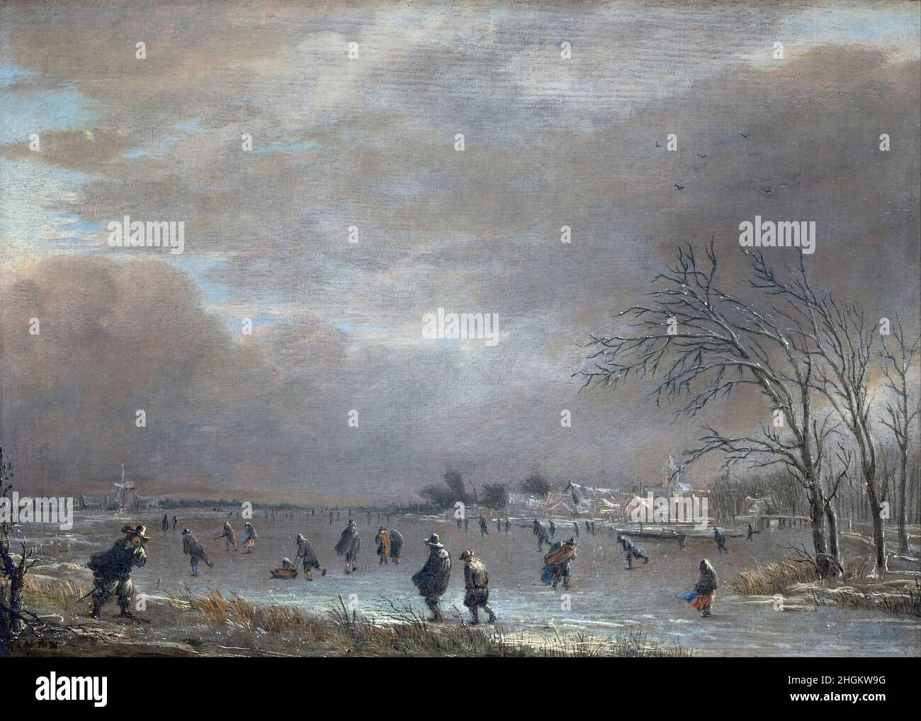 Aert van der Neer - Winterlandschaft mit Skater auf Ein gefrorener Fluss Stockfoto