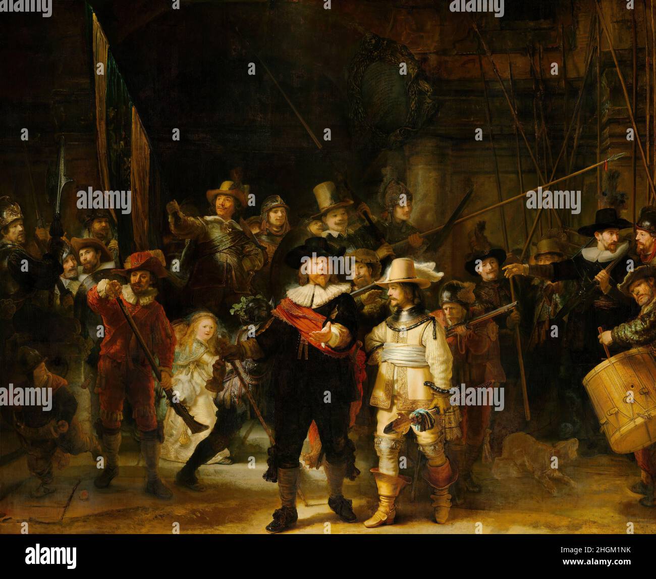 Milizgesellschaft des II. Bezirks unter dem Kommando von Kapitän Frans Banninck Cocq, bekannt als ‘Nachtwache’ - 1642 - Öl auf Leinwand 379,5 x 453,5 cm - Rembrandt Stockfoto