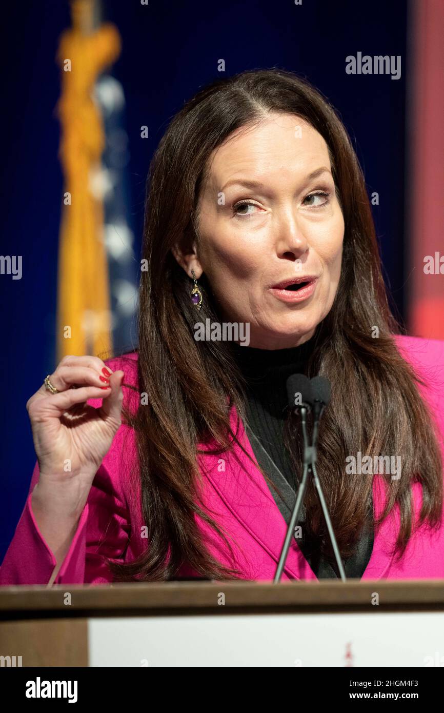 Austin, USA. 21st Januar 2022. Brooke Rollins, die ehemalige Berater im Weißen Haus von Trump, spricht über ihre Zeit im Westflügel während der jährlichen Strategiekonferenz der Texas Public Policy Foundation. Rollins leitet jetzt eine konservative Denkfabrik in Washington, DC. ©Bob Daemmrich Stockfoto