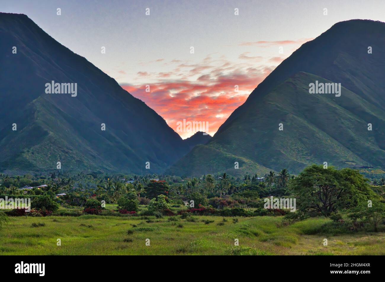 Sonnenaufgang auf der Wiese auf Maui mit den westlichen maui Bergen. Stockfoto