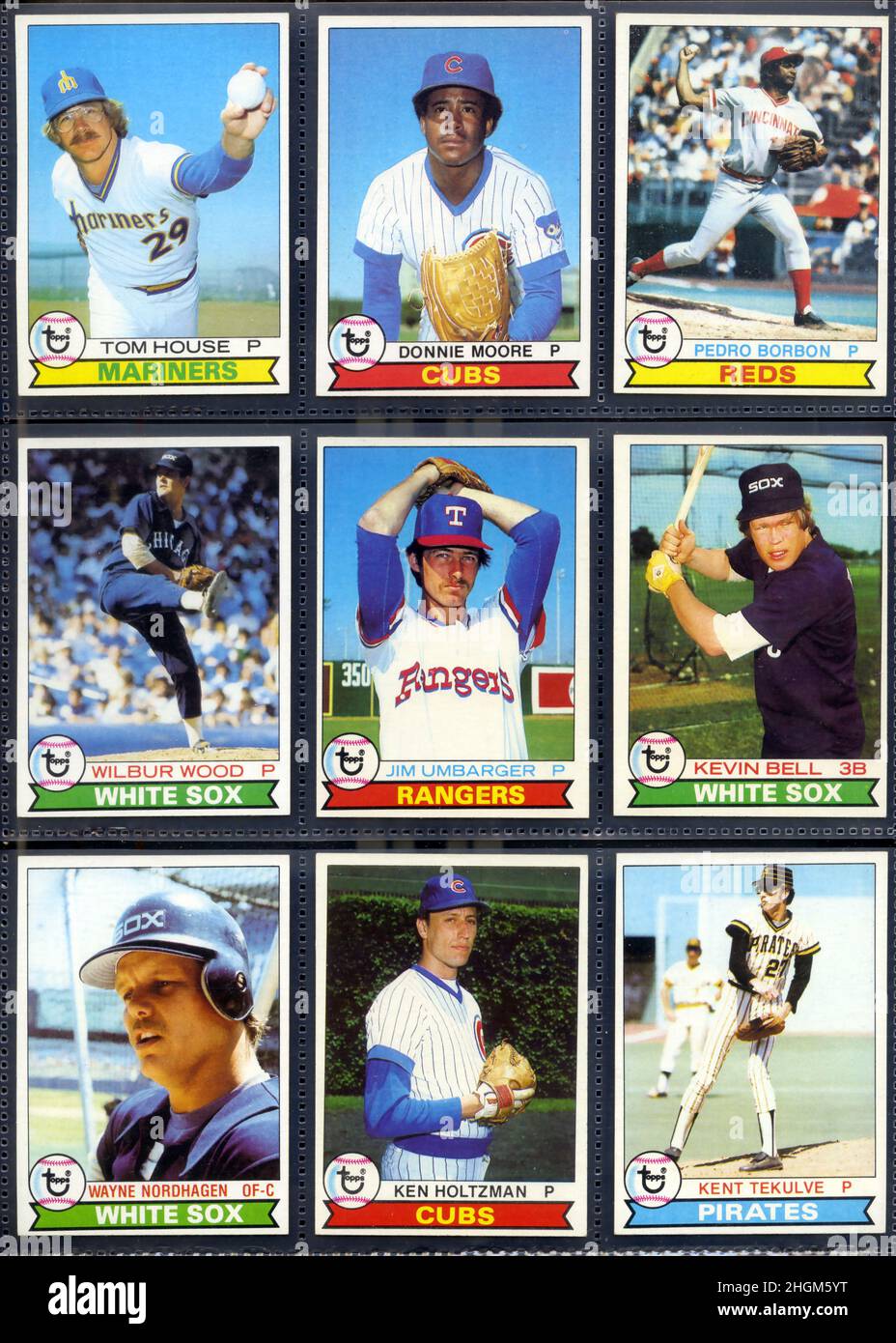Sammlung von 1979 Topps Baseballkarten in einer ärmligen Seite Stockfoto