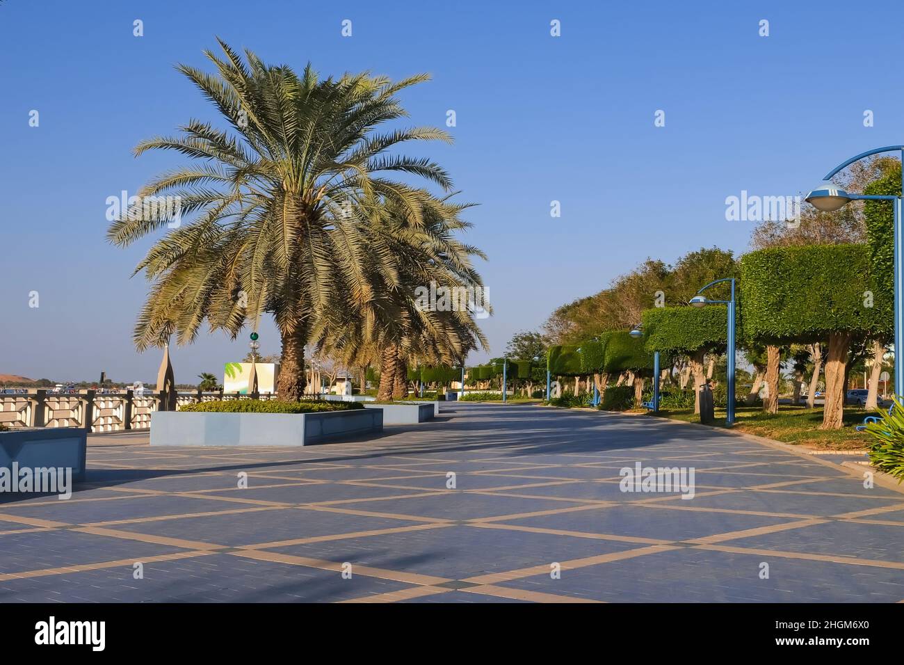 Promenade Spaziergebiet am Meer mit Palmen und Sträuchern. Berühmte weltweite Corniche Road in Abu Dhabi, VAE Stockfoto