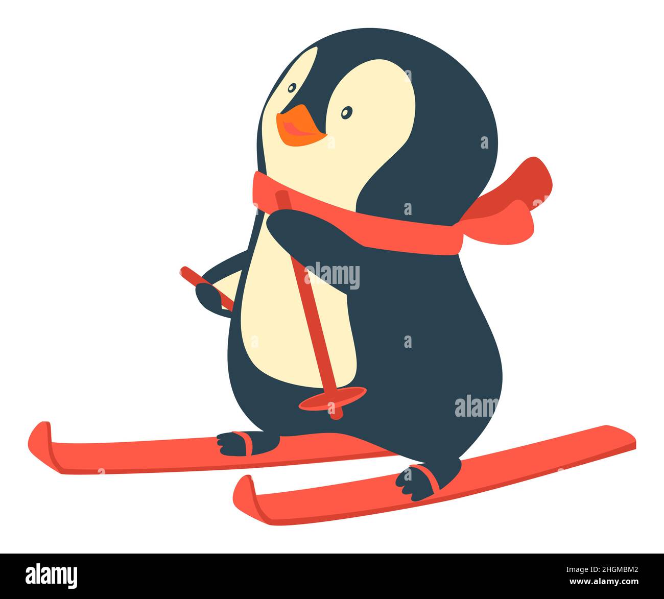 Pinguin fährt auf Skiern auf Schnee. Pinguin Cartoon Vektorgrafik Stock Vektor