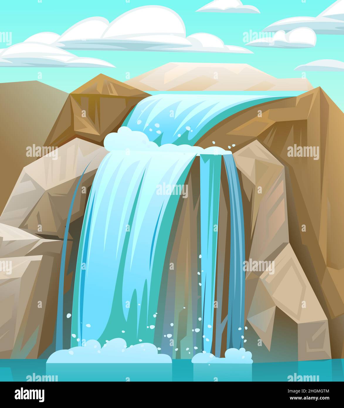 Wasserfall zwischen Felsen. Sommerwolken. Kaskade schimmert nach unten. Fließendes Wasser. Vektor. Stock Vektor