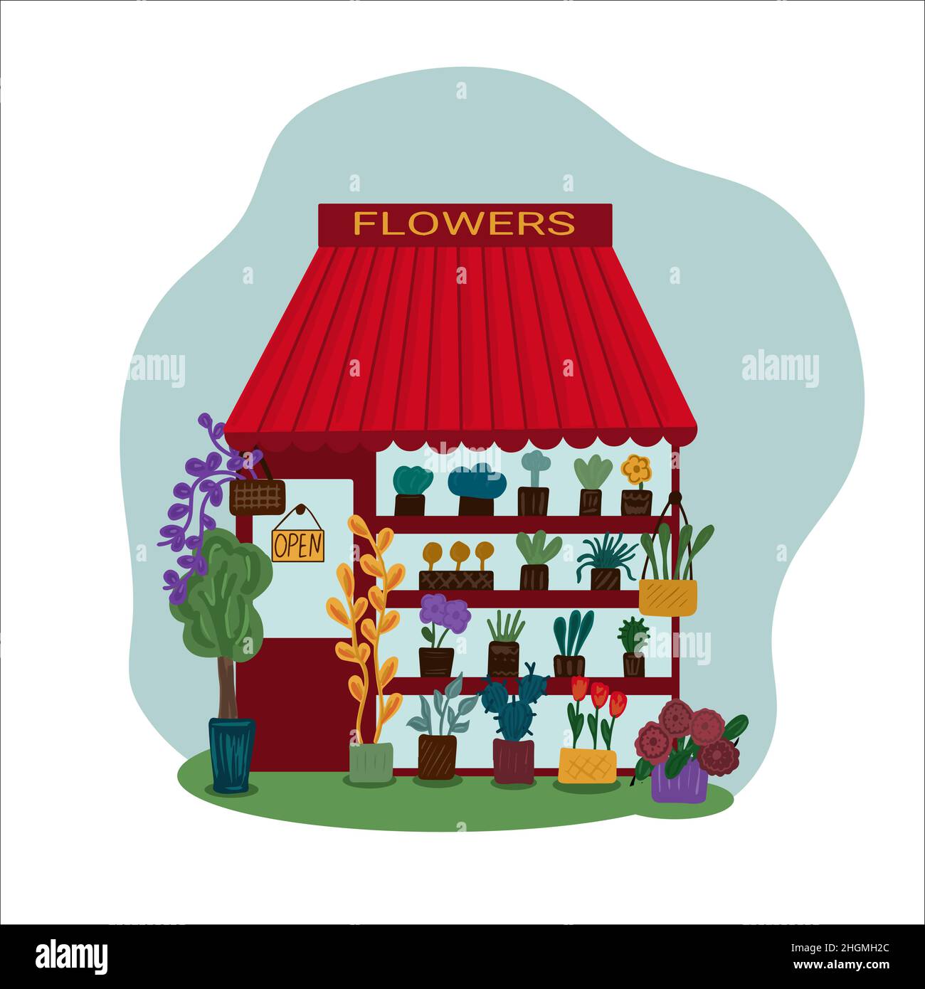 Blumenstand mit Blumen und Bäumen. Flache Vektorgrafik. Isolierte Abbildung. Stock Vektor