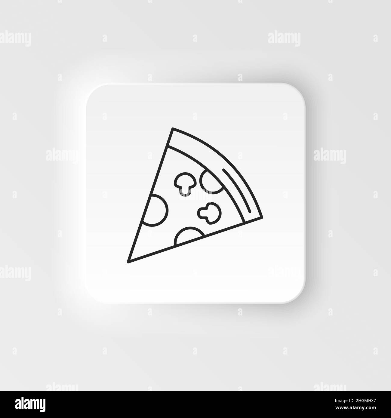 Vektorsymbol für Speisen und Getränke im Neumorphen-Stil. Pizza Slice dünne Linie Symbol auf Neumorphismus weißen Hintergrund Stock Vektor