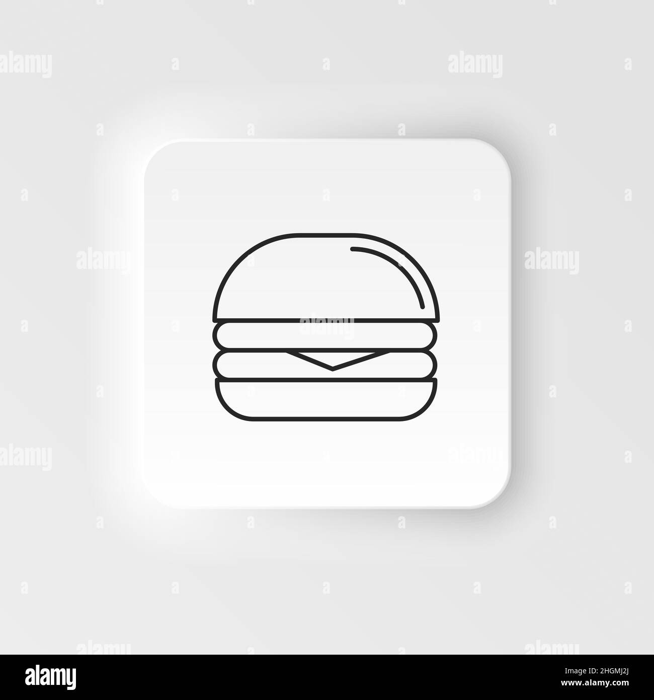Vektorsymbol für Speisen und Getränke im Neumorphen-Stil. Burger Icon Vektor isoliert, Burger transparentes Schild, dünne Symbole oder linierte Elemente in Umrissstil auf Stock Vektor