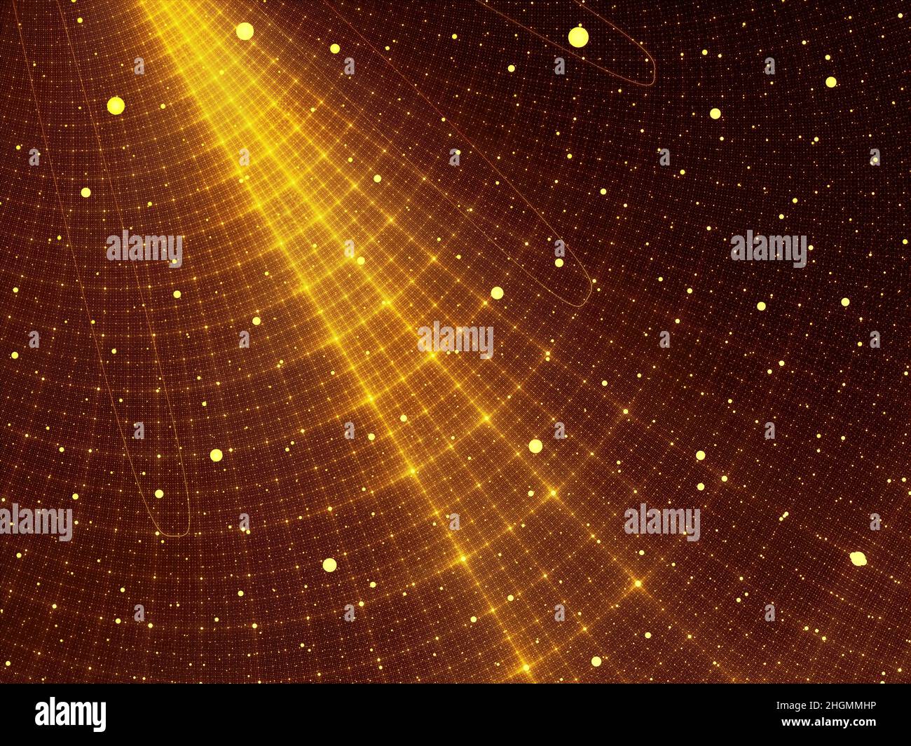 Goldener Technologiehintergrund mit Gitter und leuchtenden Punkten - abstrakte Illustration Stockfoto