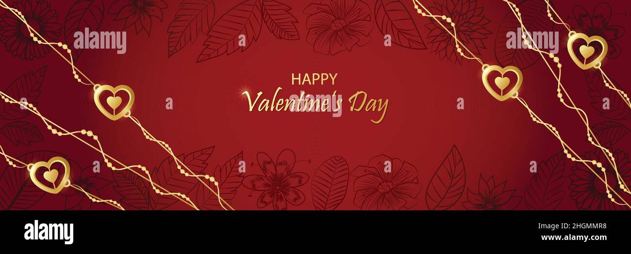 Happy Valentine's Day Banner und Website-Header. Einzigartiges & kreatives florales Hintergrunddesign mit golden glänzenden Herzen Anhänger Schmuck mit Perlen Stock Vektor