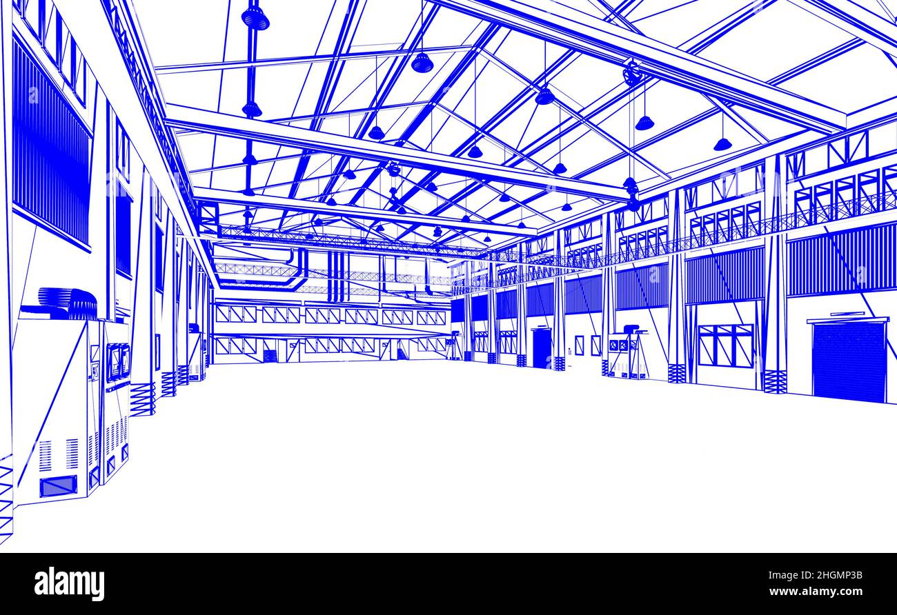 3D Wiedergabe leerer Fabrikräume oder Lagerhäuser Stockfoto