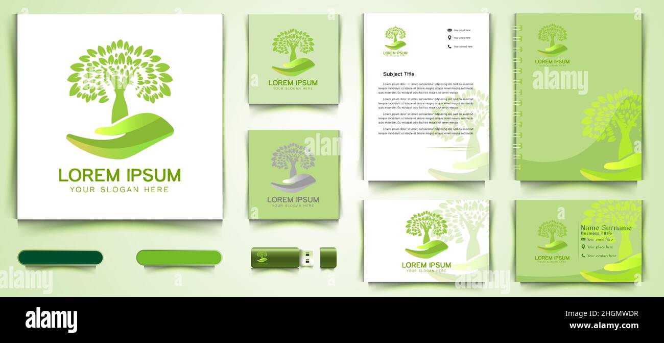 Tree Care Logo und Visitenkarte Branding Vorlage Designs Inspiration isoliert auf weißem Hintergrund Stock Vektor