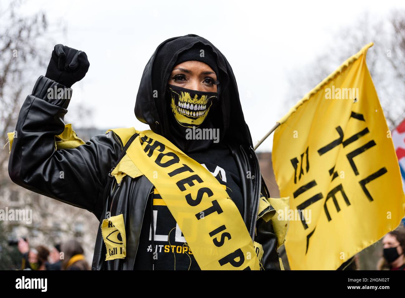 London, Großbritannien. 15. Januar 2022. Protest gegen das Gesetz der Regierung über Polizei, Kriminalität, Verurteilung und Gerichte (PKSC) und das Gesetz über Staatsanmität und Grenzen (NBB) Stockfoto