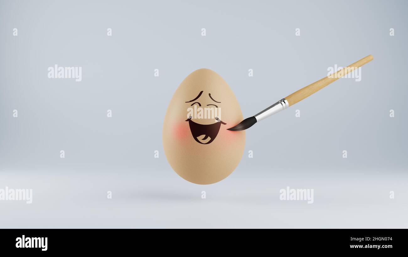 Minimalistisches Osterkonzept. Ein Ei mit einem lustigen Gesicht und einem Pinsel zum Zeichnen auf einem hellen Hintergrund. 3D Abbildung. Stockfoto
