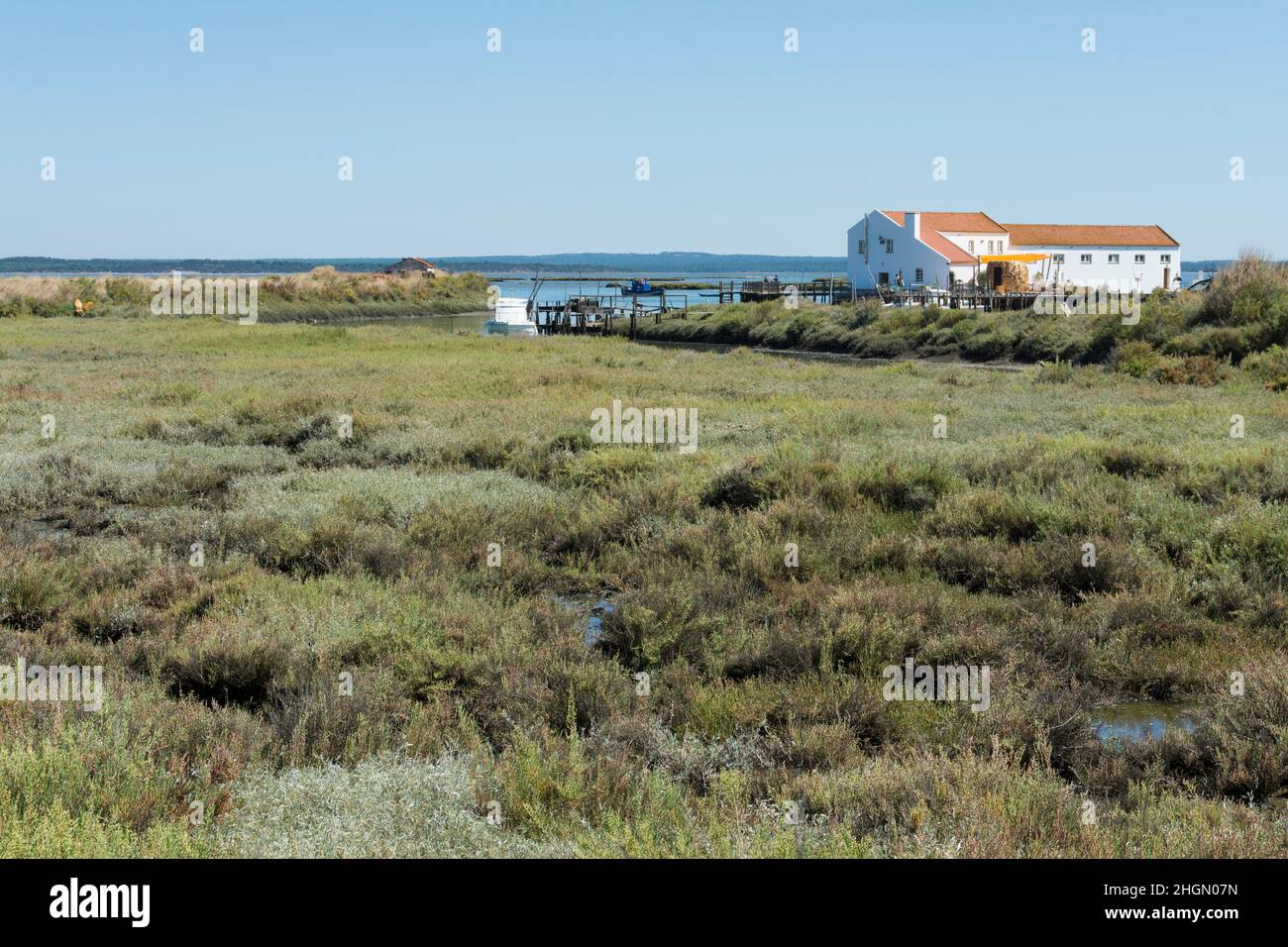 Landschaft des Naturreservats der Sado-Mündung. Mourisca Wassermühle, Mourisca Wassermühle in der Ferne.Setubal, Region Lissabon, Portugal Stockfoto