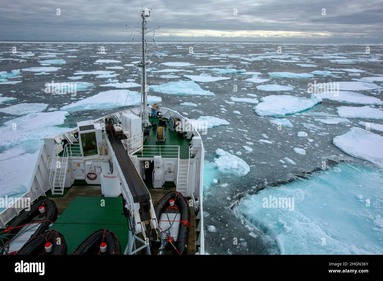 Eisbrecher und Meereis im Nordatlantik vor der Ostküste Grönlands. Stockfoto