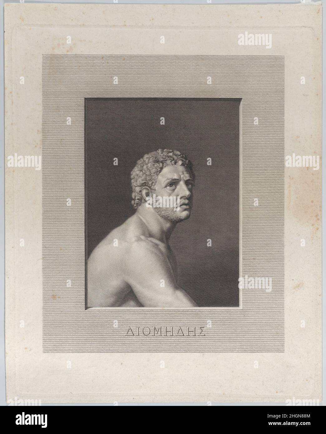Diomedes, Büste und Schultern 1790–1800 Johann Heinrich Wilhelm Tischbein. Diomedes, Brust und Schultern. Johann Heinrich Wilhelm Tischbein (Deutsch, Haina 1751–1829 Eutin). 1790–1800. Gravur. Ausdrucke Stockfoto