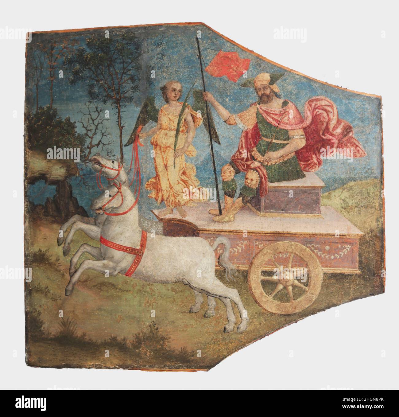 Triumph des Mars ca. 1509 Pinturicchio eine von zweiundzwanzig Tafeln (14.114.1–.22), die die Decke des Palastes von Pandolfo Petrucci bilden, genannt Il Magnifico, Siena. Die allgemeine Verteilung und Aufteilung der Decke scheint von der einer gewölbten und bemalten Decke im Goldenen Haus von Nero in Rom abzuleiten. Viele der einzelnen Figuren scheinen auch aus antiken Kunstwerken zu stammen – vor allem Sarkophagen. Triumph des Mars. Pinturicchio (Italienisch, Perugia 1454–1513 Siena). Italienisch, Umbrien. Ca. 1509. Fresko, auf Leinwand übertragen und an Holzplatten befestigt. Gemälde-Dekorativ Stockfoto