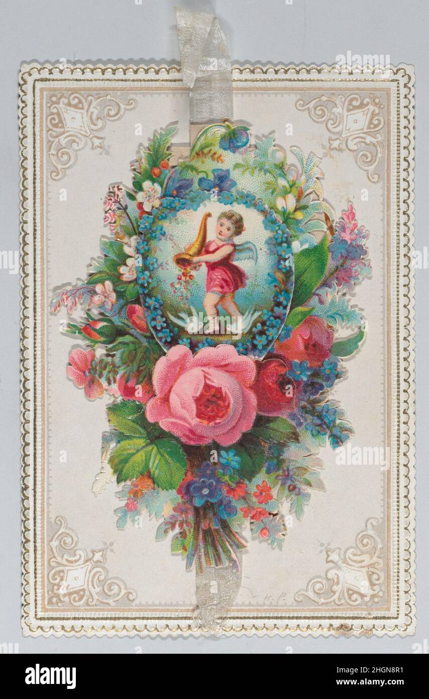 Valentine - mechanischer Pull-down, versteckte Nachrichten ca. 1875. Valentine - mechanischer Pull-down, versteckte Botschaften. Ca. 1875. Schwerer Karton, gestanzte chromolithographierte Reste, Vergoldung, Seidenband Stockfoto