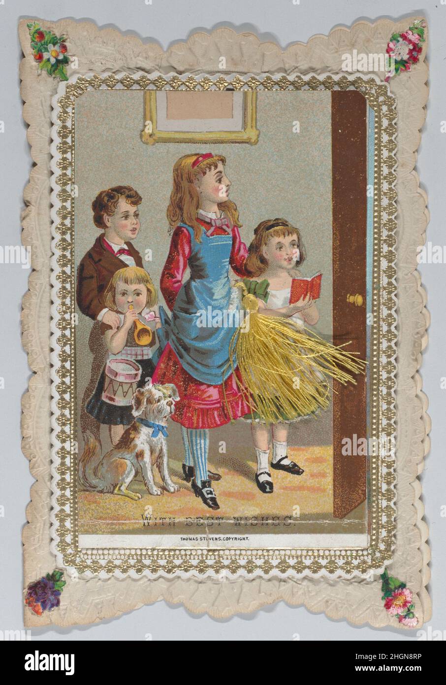 Valentine - Mechanical - Pull down Quaste zeigt Szene ca. 1875 Anonym, britisch, 19th Jahrhundert. Valentine - Mechanical - Pull down Quaste zeigt Szene. Anonym, britisch, 19th Jahrhundert. Ca. 1875. Schweres Karton, gestanzte Reste, Chromolithographie, Vergoldung, geprägtes Papier, Quaste aus Seide, Tinte, grünes Seidenband Stockfoto