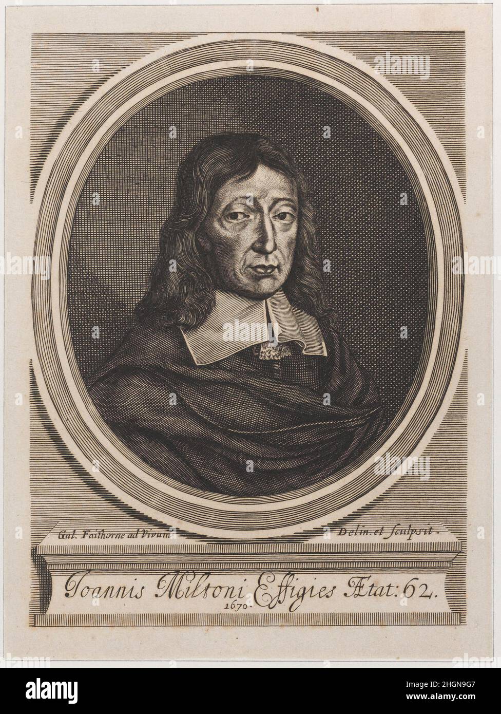 John Milton 1670 William Faithorne the Elder in diesem halblangen Porträt in einem ovalen Rahmen wird der Dichter im Alter von 62 Jahren mit einem weißen Kragen und einem dunklen Mantel gezeigt. John Milton. 1670. Gravur; zweiter Zustand von drei. William Faithorne the Elder (britisch, London ca. 1620–1691 London). John Milton (British, London 1608–1674 London). Ausdrucke Stockfoto