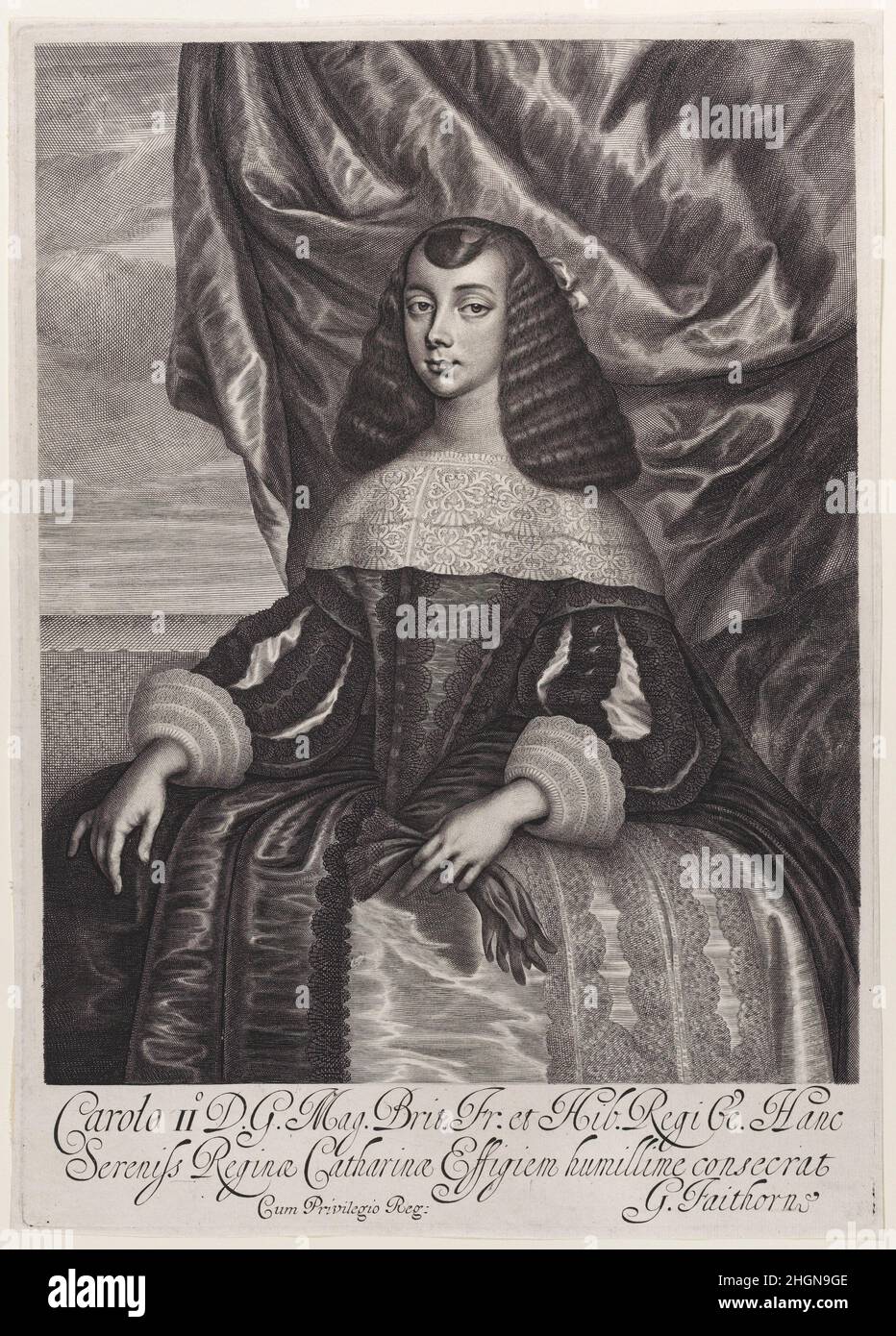 Catherine of Braganza 1662 William Faithorne the Elder Faithorned stützte diesen Druck auf ein Porträt, das Dirk Stoop 1661 von der portugiesischen Prinzessin Catherine of Braganza malte, als ihre Ehe mit König Karl II. Verhandelt wurde - das Gemälde wurde dann nach England geschickt. Catherine trägt ein Kleid aus portugiesischer Mode mit einem breiten flachen Spitzenkragen und breiten Röcken. Sie kam am 13. Mai 1662 in Portsmouth an und die Ehe fand am 21. Mai statt. Faithornes Stich wurde um diese Zeit gemacht, um die englische Neugier auf Catherine's Aussehen zu befriedigen. Katharina von Braganza. Nach Dirck Stoop (Du Stockfoto