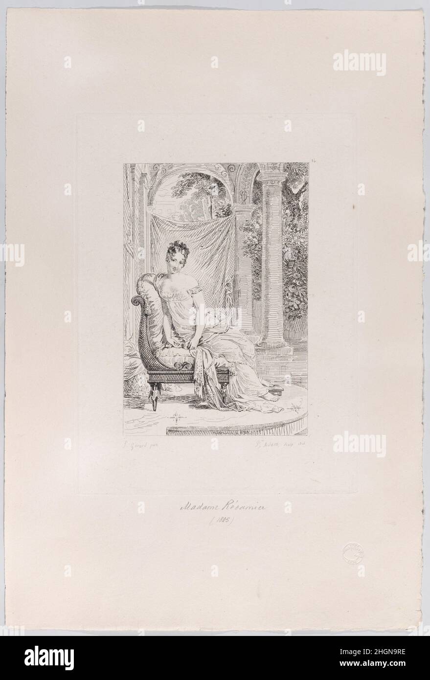 Madame Récamier 1826 Pierre Michel Adam. Madame Récamier. Collection des Portraits Historiques De M. Le Baron Gérard, Gravées a L'Eau-forte par M. Pierre Adam. Nach Baron François Gérard (Französisch, Rom 1770–1837 Paris). 1826. Radierung. Urbain Canel. Ausdrucke Stockfoto