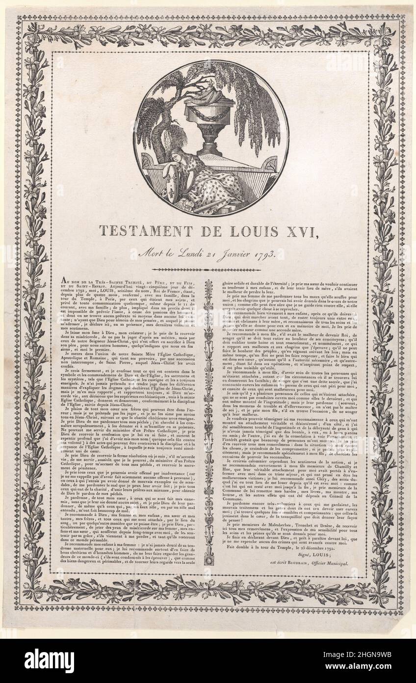 Die letzten Worte von Louis XVI (Testament de Louis XVI) 1793–1800 Anonym. Die letzten Worte von Louis XVI (Testament de Louis XVI). Anonym, französisch, Ende des 18th. Jahrhunderts. 1793–1800. Holzstich. Ausdrucke Stockfoto