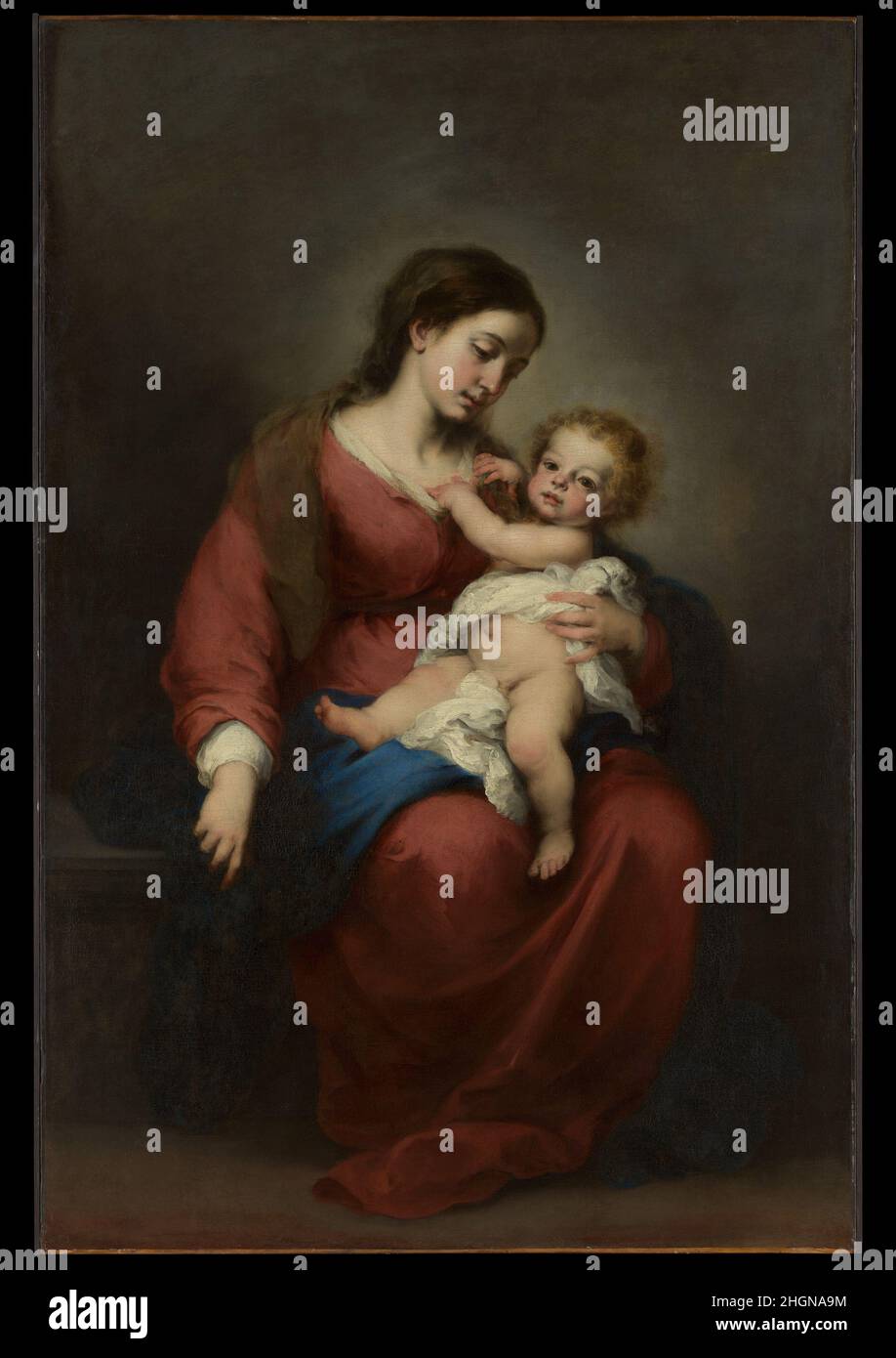 Jungfrau und Kind 1670s Bartolomé Estebán Murillo Spanisch wie Zurbarán und Velázquez wurde Murillo in Sevilla ausgebildet, wo er seine ganze Karriere verbrachte. Dieses oft als „Santiago Madonna“ bezeichnete Gemälde gehörte einst dem Marqués de Santiago, dessen Sammlung viele herausragende Werke des Künstlers enthielt. Die Popularität von Murillos Bildern der Jungfrau und des Kindes ergibt sich aus seiner Fähigkeit, einem Thema aus der Zeit eine Qualität von Intimität und Süße zu verleihen, die sowohl in der weichen Modellierung als auch in der augenblicklichen Umlenkung des Säuglings von der Krankenpflege, wie in bzw. Stockfoto