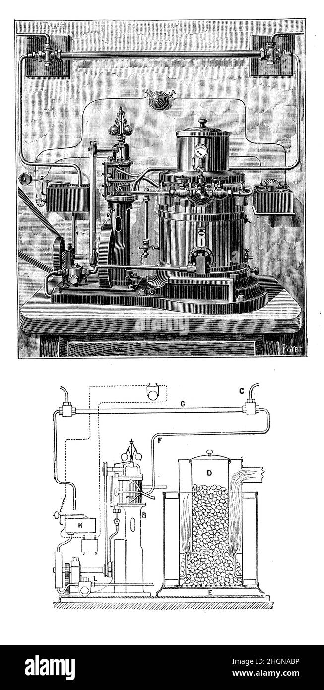 Dampfmaschine, die mechanische Arbeiten unter Verwendung von Dampfdruck mit Scheme-Abschnitt erzeugt Stockfoto