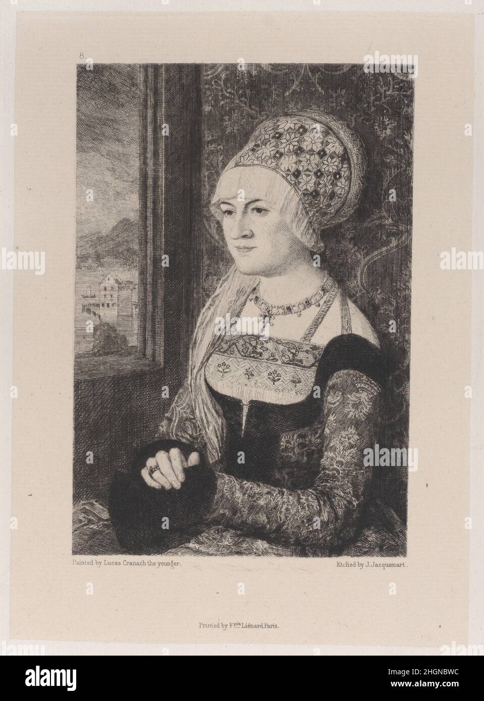 Porträt einer Frau, nach Bernhard Strigel 1871 Jules-Ferdinand Jacquemart. Porträt einer Frau, nach Bernhard Strigel. Radierungen von Bildern im Metropolitan Museum New York. Jules-Ferdinand Jacquemart (Französisch, Paris 1837–1880 Paris). 1871. Radierung auf Chine collé. P. & D. Colnaghi & Co. Ausdrucke Stockfoto