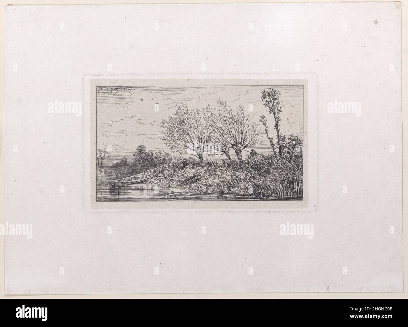 Landschaft mit Weidenbäumen 1845 Charles Jacque. Landschaft mit Weidenbäumen. Charles Jacque (Französisch, Paris 1813–1894 Paris). 1845. Radierung. Ausdrucke Stockfoto