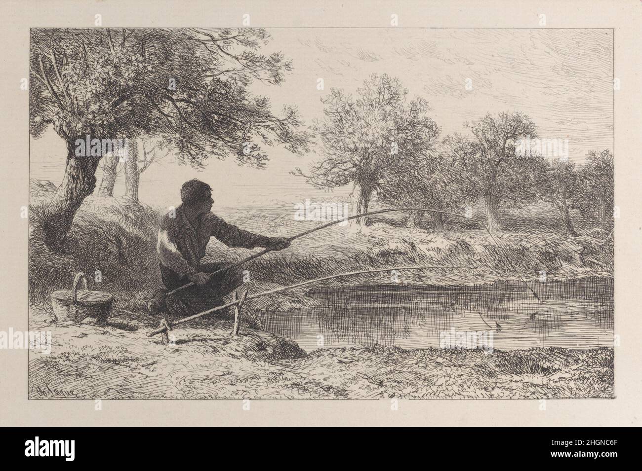 pêche au Vif 1864 Charles Jacque. pêche au Vif. Charles Jacque (Französisch, Paris 1813–1894 Paris). 1864. Radierung. Ausdrucke Stockfoto