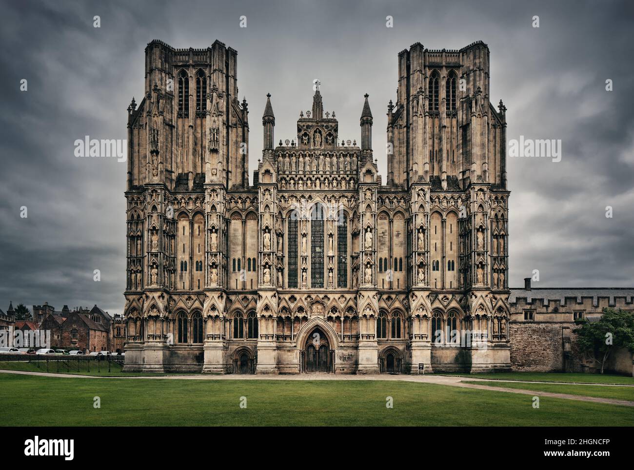 Westfront der Wells Cathedral, Cathedral Church of St Andrew, Wells, Somerset Stockfoto