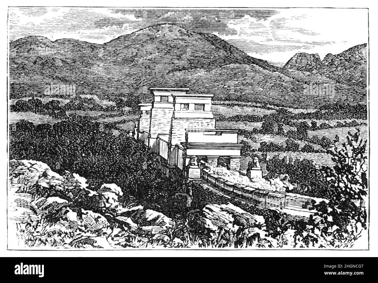 Schwarz-Weiß-Illustration; Britannia Bridge, Menai Straits, Anglesea im 19th. Jahrhundert Stockfoto