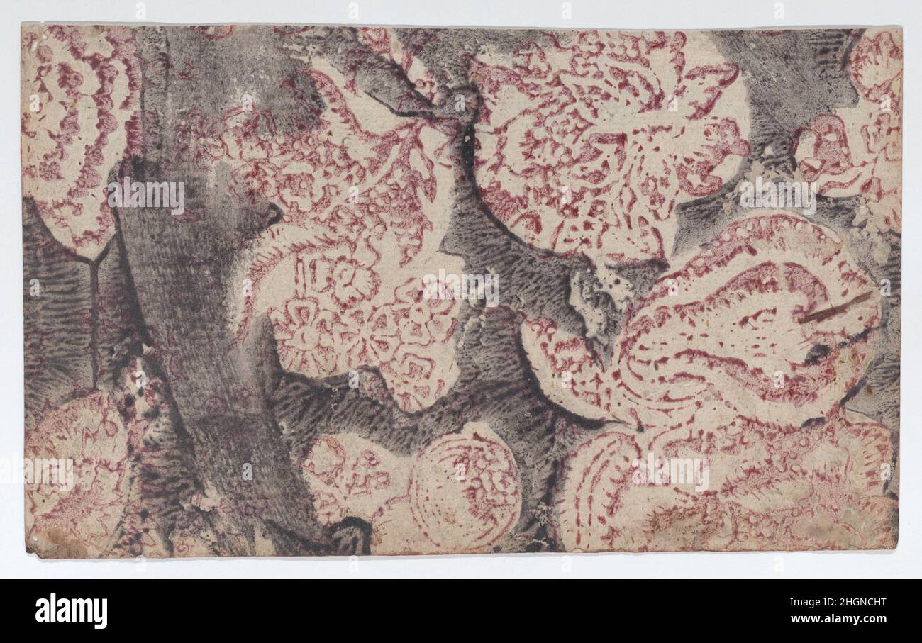 Blatt mit Blumenmuster mit dunklem Hintergrund 18th Jahrhundert Anonymous. Blatt mit Blumenmuster und dunklem Hintergrund. Anonym , italienisch, 18th Jahrhundert. 18th Jahrhundert. Reliefdruck (Holz oder Metall). Ausdrucke Stockfoto
