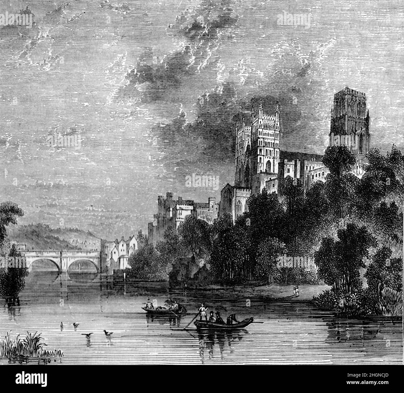Schwarz-Weiß-Illustration; Durham Catheral aus dem Südwesten, vom River Wear aus gesehen Stockfoto