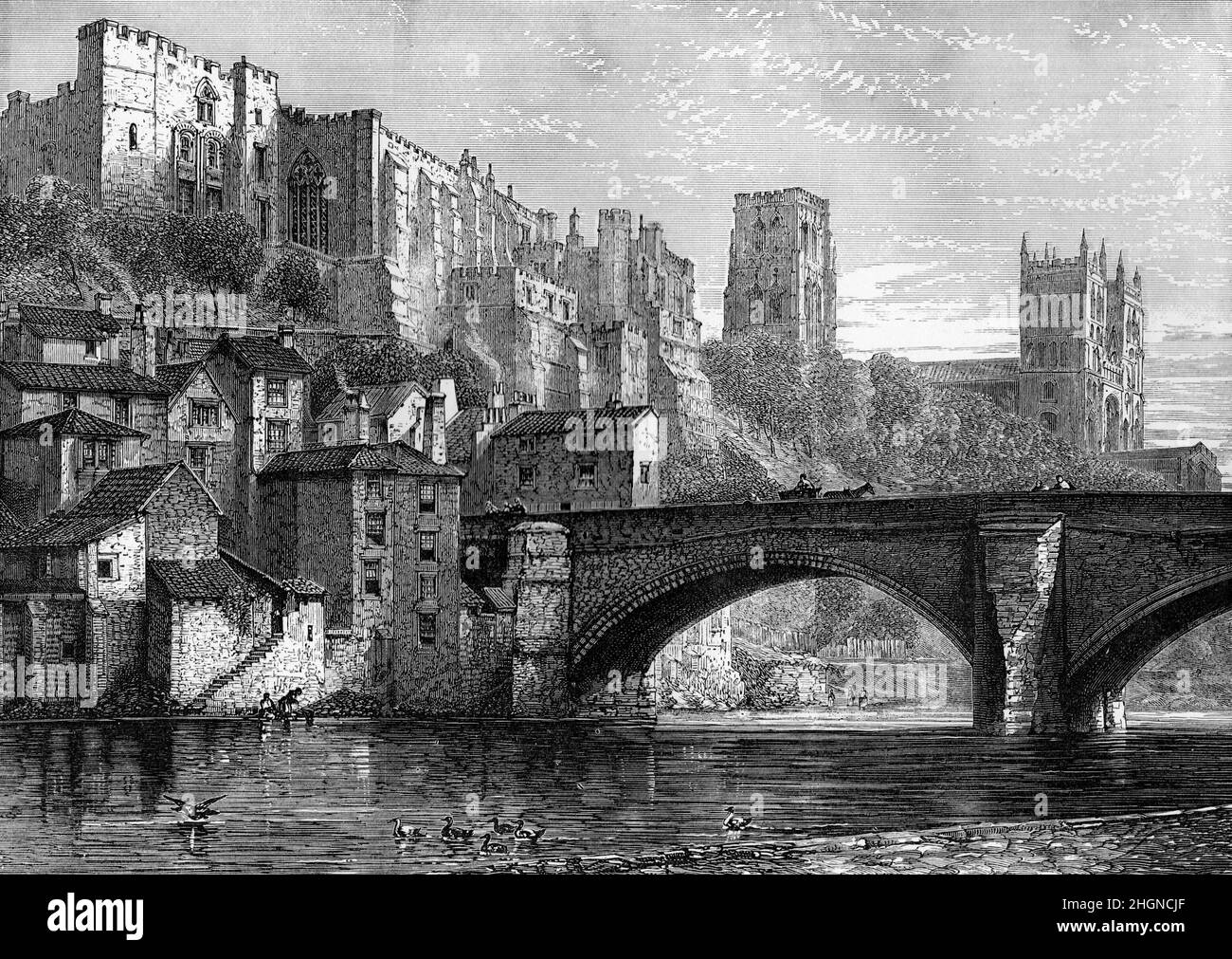 Schwarz-Weiß-Illustration; Durham Castle und Kathedrale im 19th. Jahrhundert vom Fluss aus gesehen Wear Stockfoto
