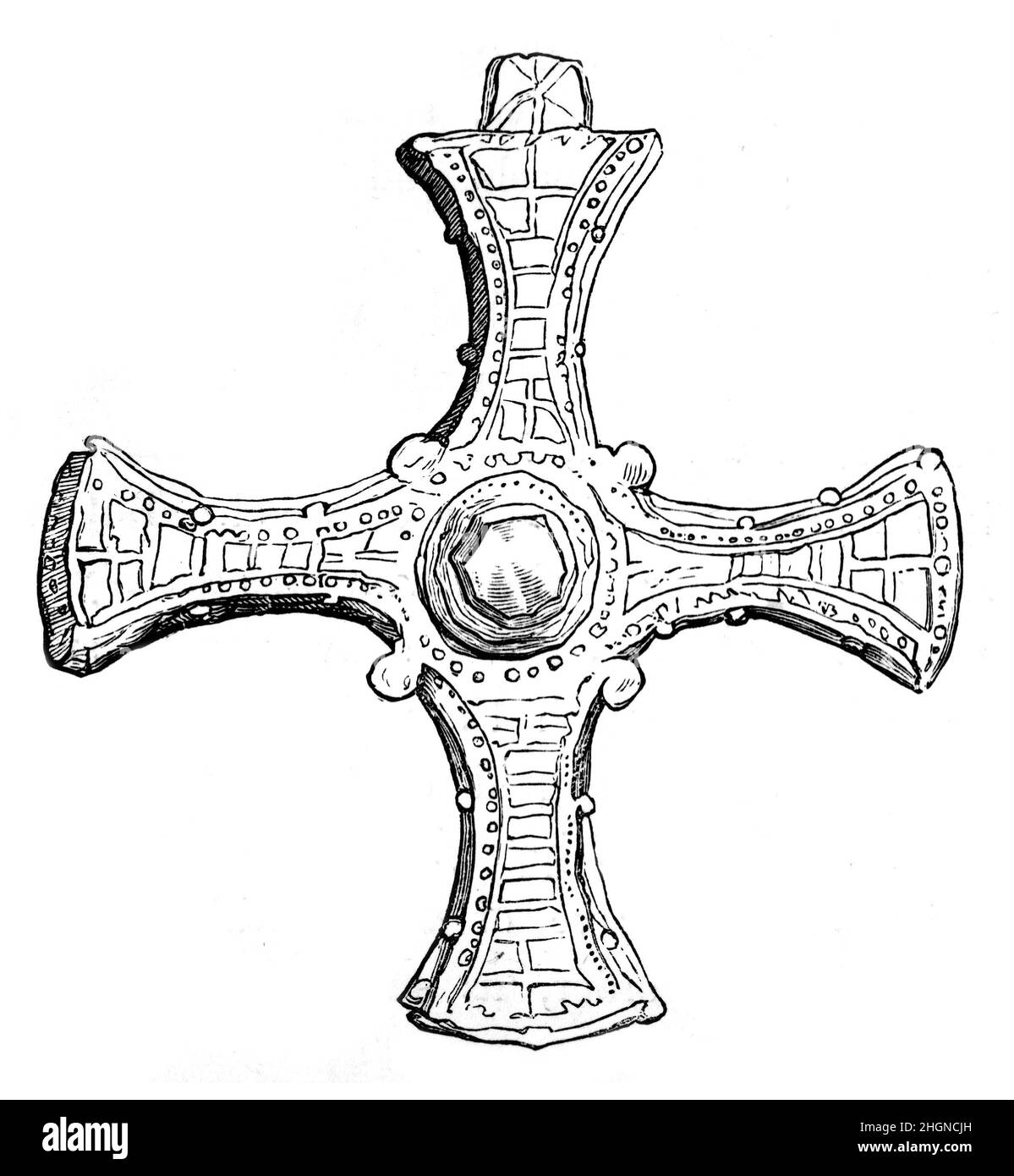 Schwarz-Weiß-Illustration; Zeichnung des Kreuzes in St. Cuthberts Sarg Stockfoto