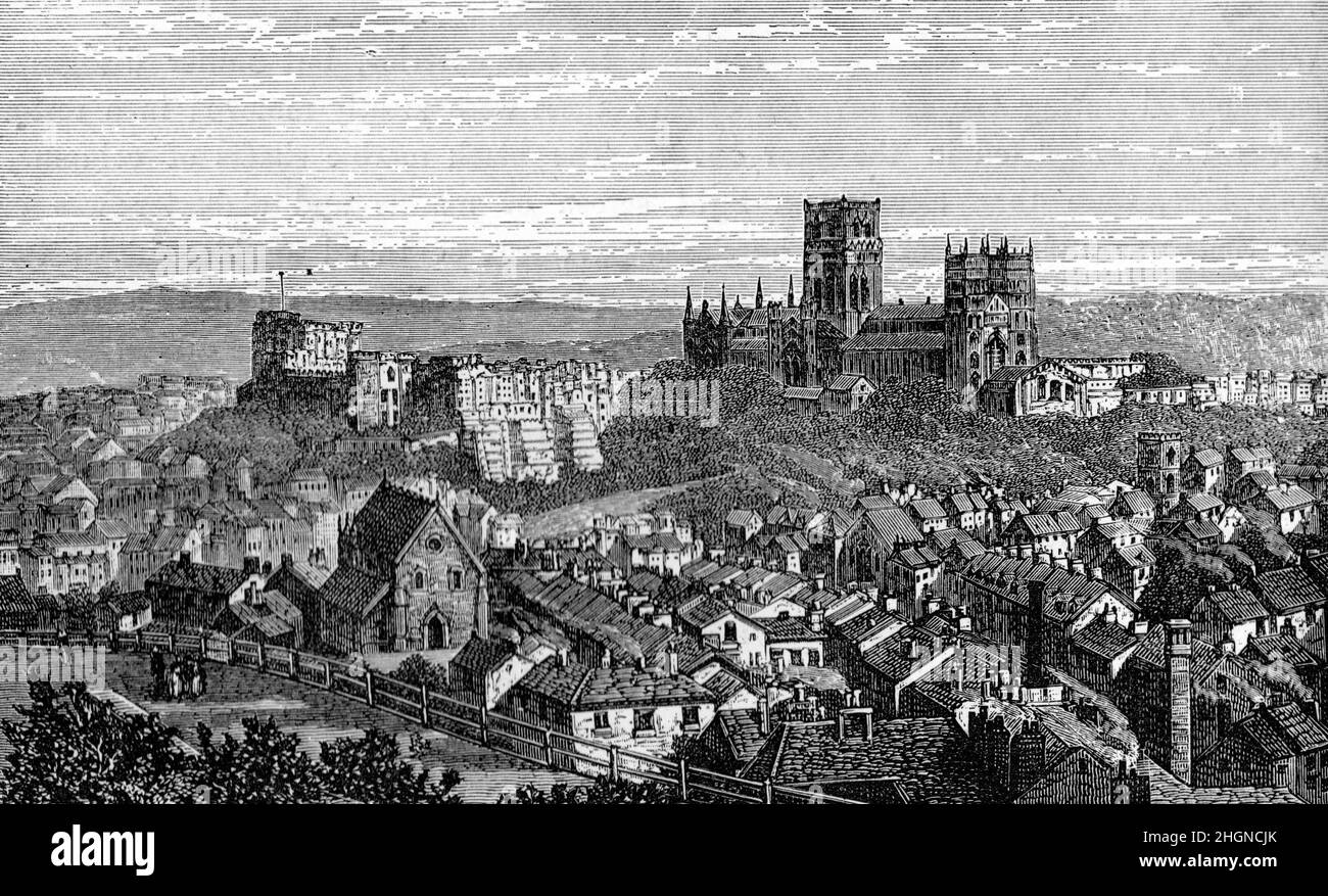 Schwarz-Weiß-Illustration; Gesamtansicht der Stadt Durham, des Schlosses und der Kathedrale im 19th. Jahrhundert Stockfoto