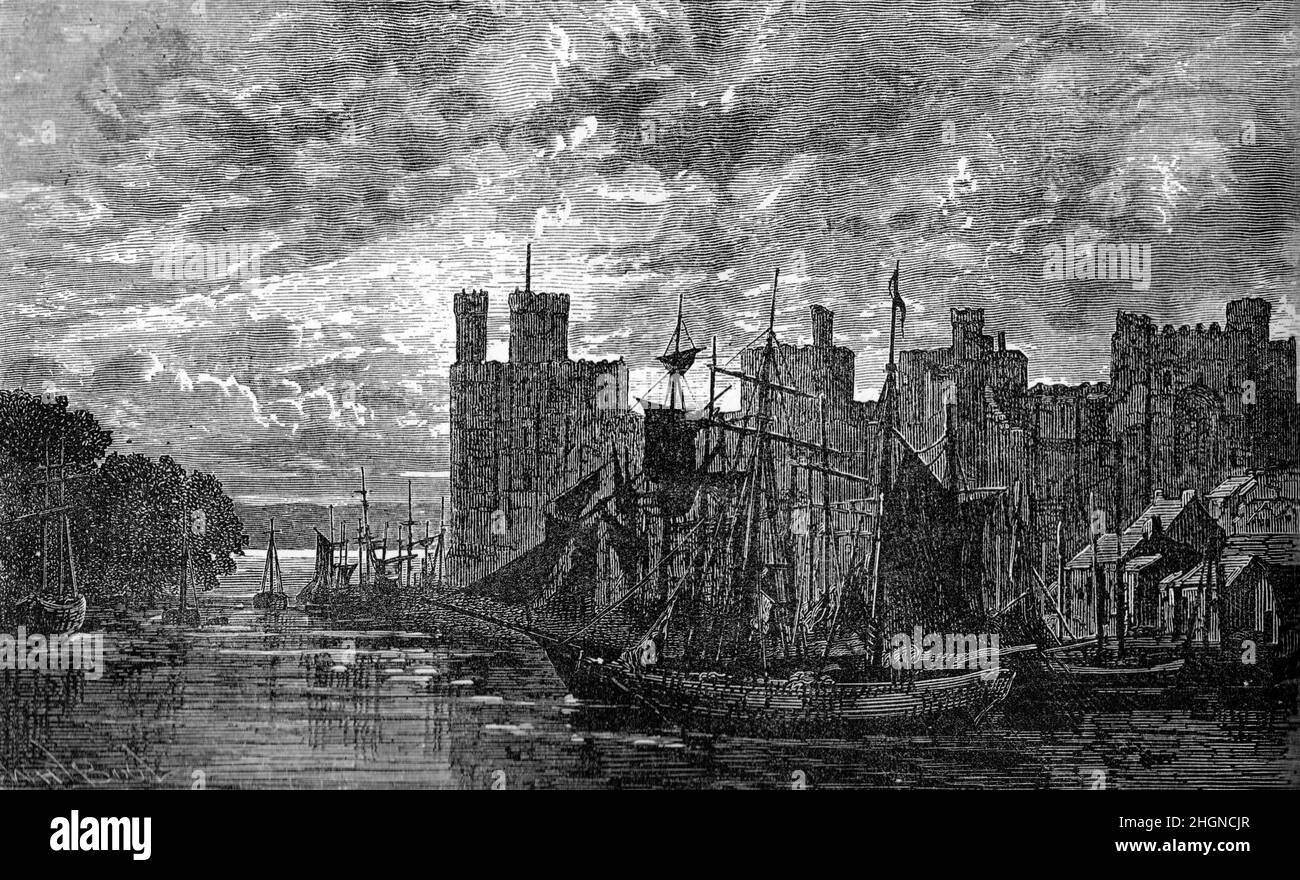 Schwarz-Weiß-Illustration; Caernarfon Castle im 19th. Jahrhundert; Stockfoto