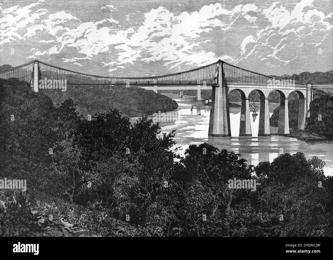 Schwarz-Weiß-Illustration; die Menai-Hängebrücke im 19th. Jahrhundert Stockfoto