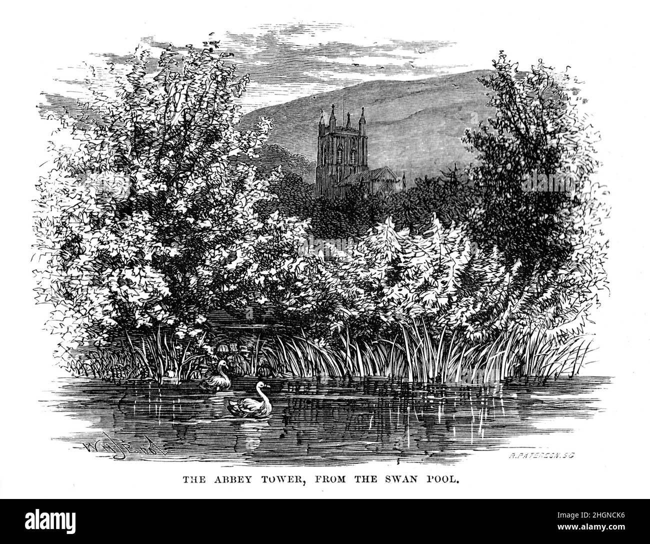 Schwarz-Weiß-Illustration; Malvern Abbey Tower aus dem Schwanenbecken, 19th. Jahrhundert Stockfoto