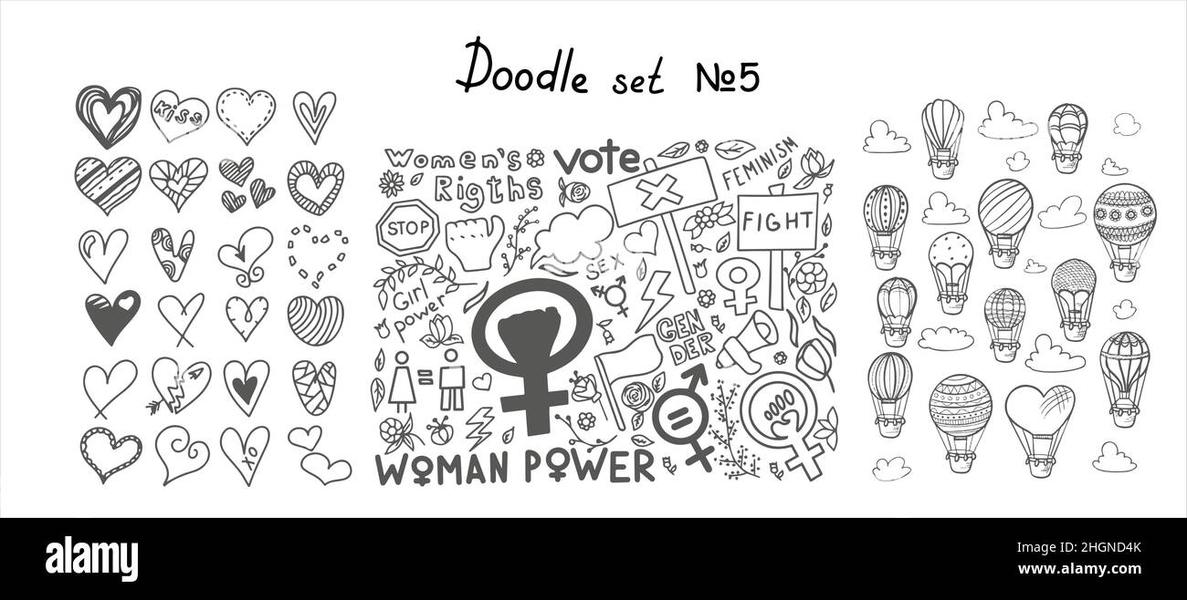 Eine Reihe von Doodle-Zeichen des Feminismus, Frauenrechte, eine Reihe von Heißluftballons und Herzen. Handgezeichnete Vektor-Symbole des Feminismus Protest-Symbole, Symbole für Stock Vektor